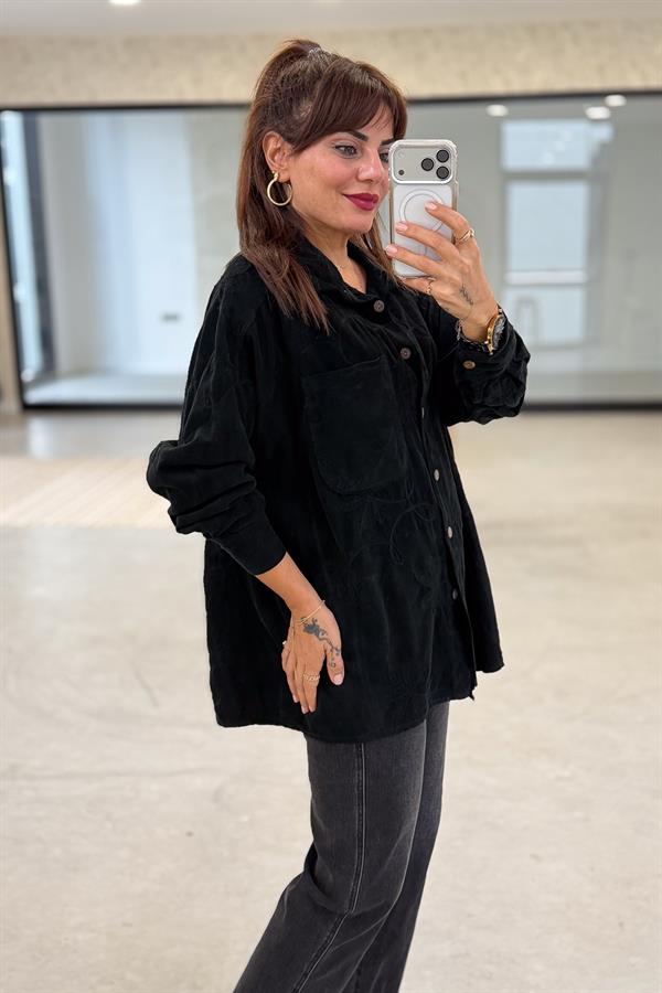 Çiçek Nakışlı Kadife Gömlek Siyah Renk