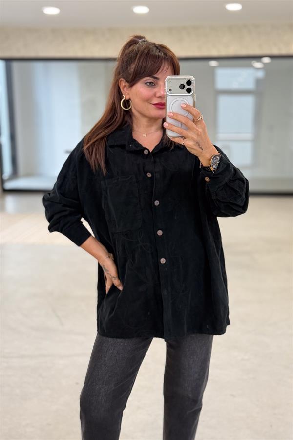 Çiçek Nakışlı Kadife Gömlek Siyah Renk