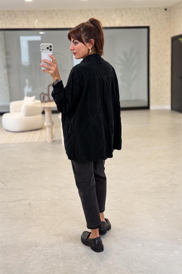 Çiçek Nakışlı Kadife Gömlek Siyah Renk