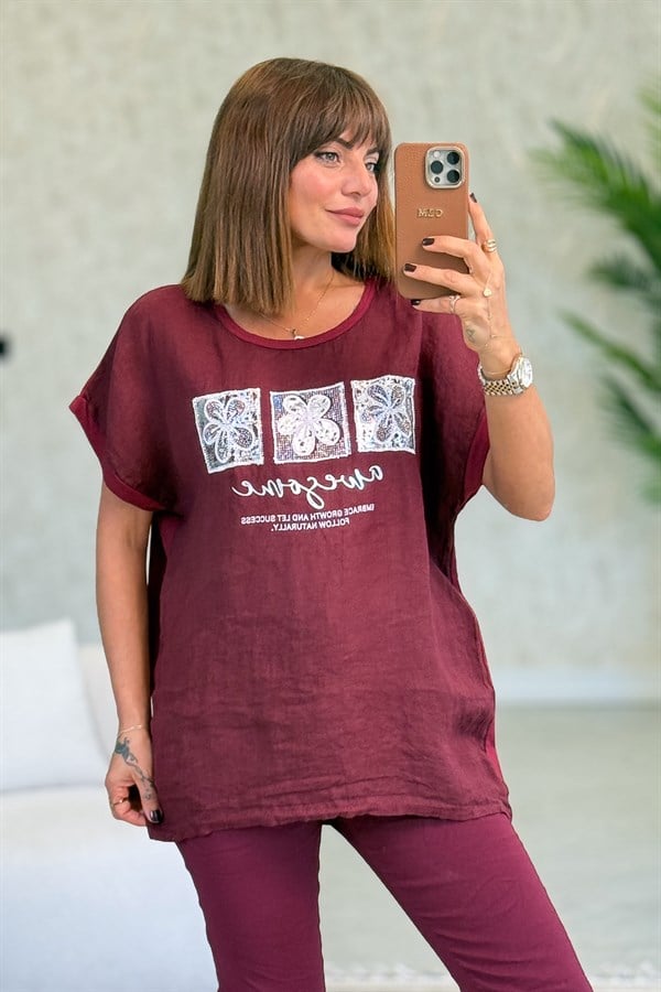 Çiçek Ve Taş Detaylı Önü Keten Arkası Pamuklu Bluz Bordo RenkBLUZ