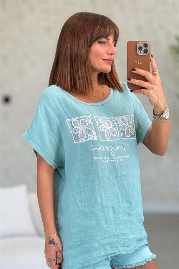 Çiçek Ve Taş Detaylı Önü Keten Arkası Pamuklu Bluz Mint Renk