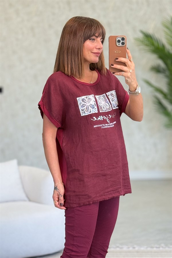 Çiçek Ve Taş Detaylı Önü Keten Arkası Pamuklu Bluz Bordo Renk