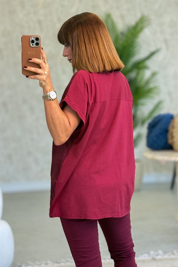 Çiçek Ve Taş Detaylı Önü Keten Arkası Pamuklu Bluz Bordo Renk