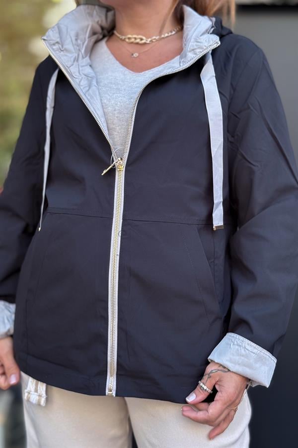 Çift Tarafı Kullanılan Düz Basic Trenç Siyah Renk