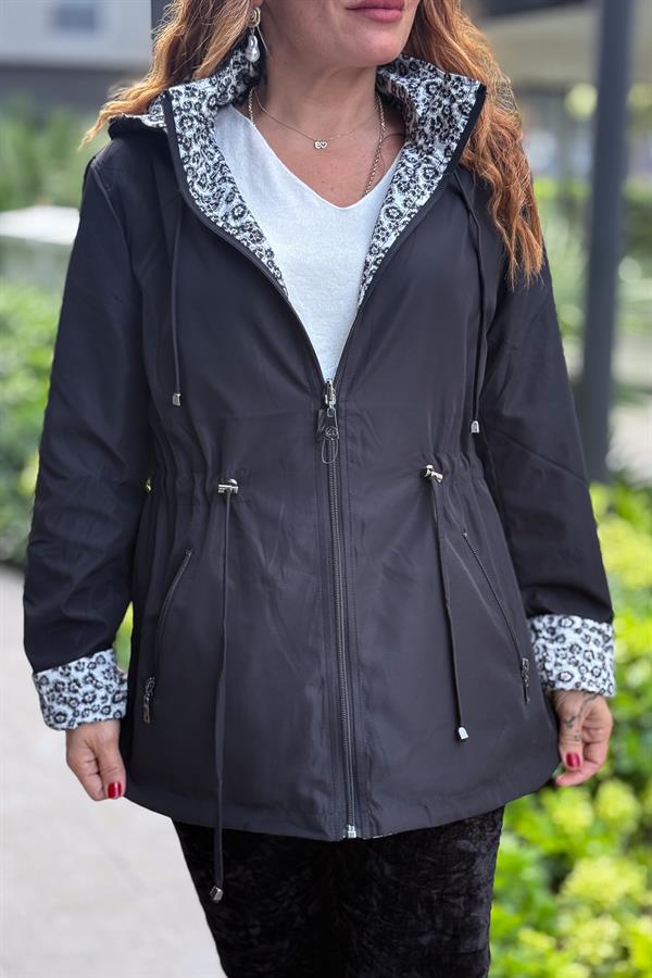 Çift Tarafı Kullanılan Minik Çiçek Desenli Trenç Siyah Renk