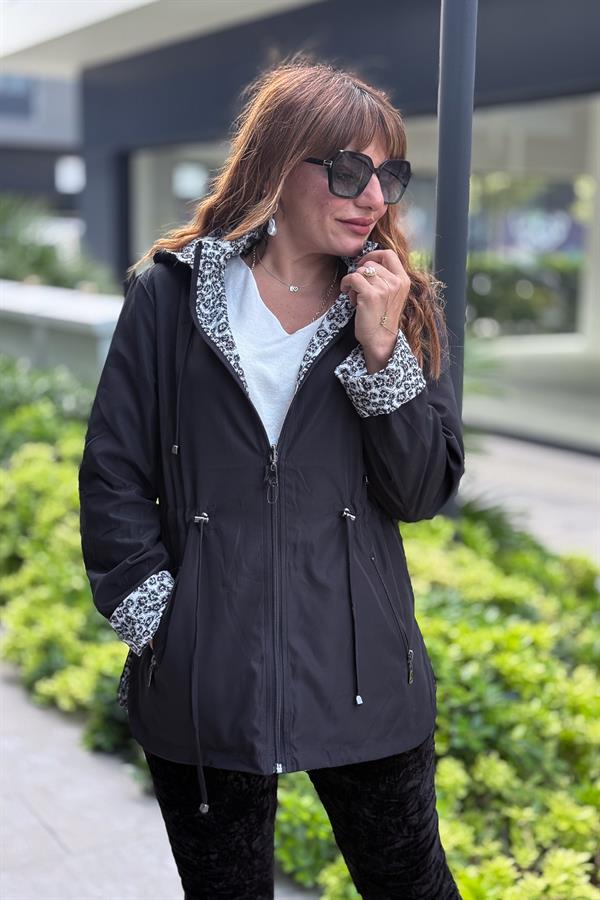 Çift Tarafı Kullanılan Minik Çiçek Desenli Trenç Siyah Renk