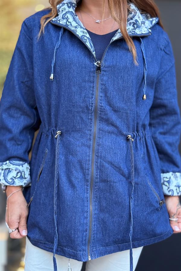 Çift Tarafı Kullanılan Şal Desenli Kot Trenç Koyu Mavi Renk