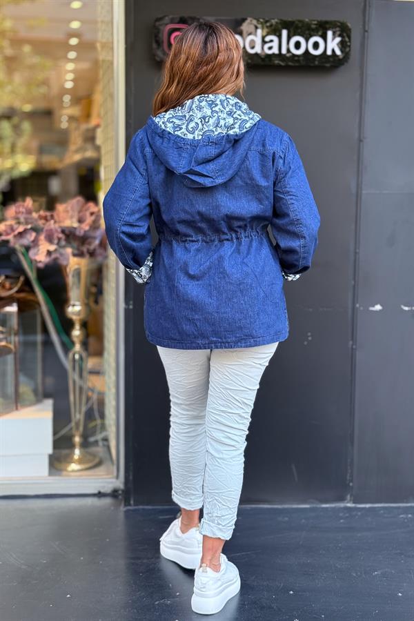 Çift Tarafı Kullanılan Şal Desenli Kot Trenç Koyu Mavi Renk