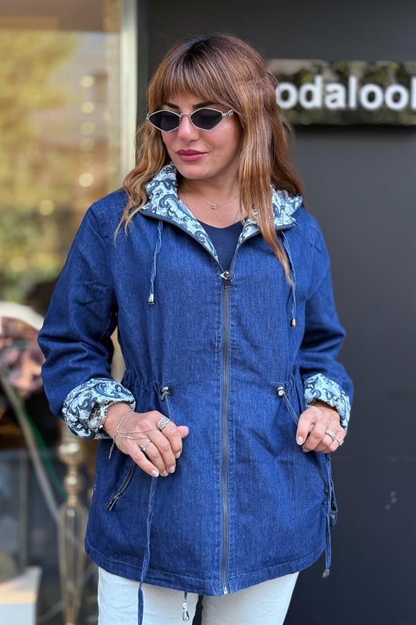 Çift Tarafı Kullanılan Şal Desenli Kot Trenç Koyu Mavi Renk