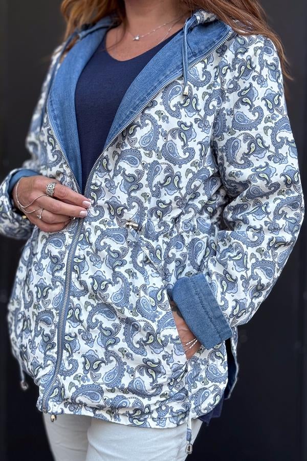 Çift Tarafı Kullanılan Şal Desenli Kot Trenç Mavi Renk