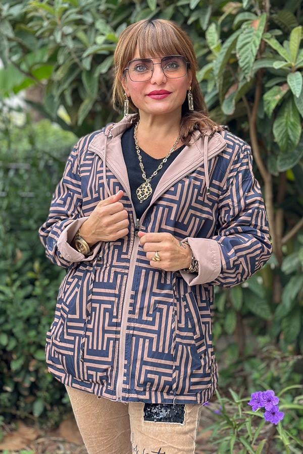 Çift Taraflı Kullanılan Çizgi Desenli Trenç Vizon Renk