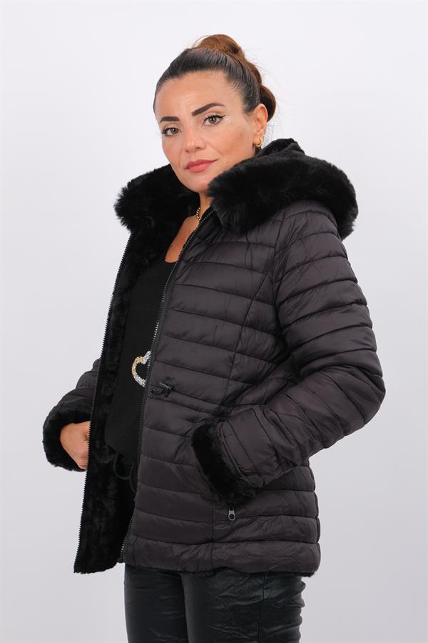 Çift Taraflı Kullanılan Kürklü Anorak Mont Siyah Renk