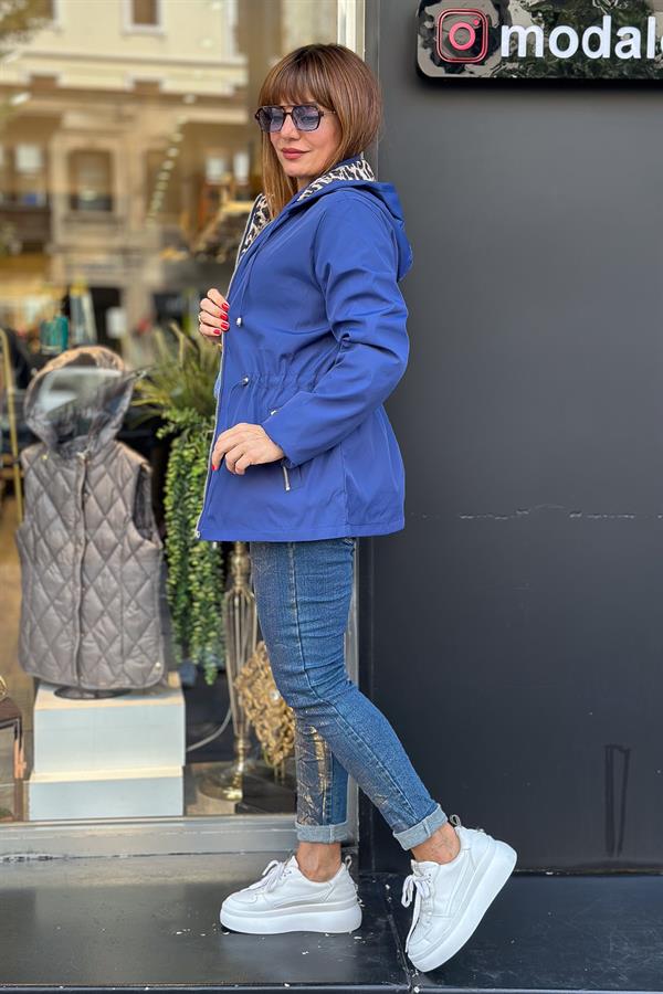 Çift Taraflı Kullanılan Leopar Desenli Trenç Saks Renk