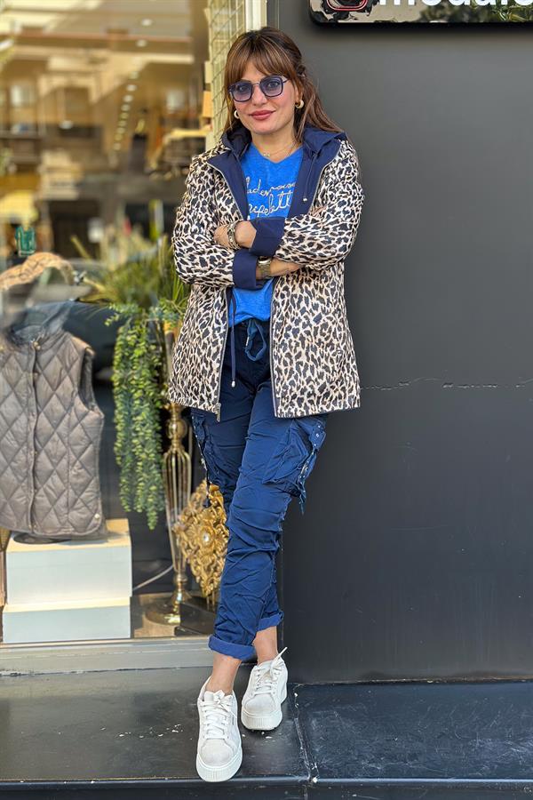 Çift Taraflı Kullanılan Leopar Desenli Trenç Lacivert Renk