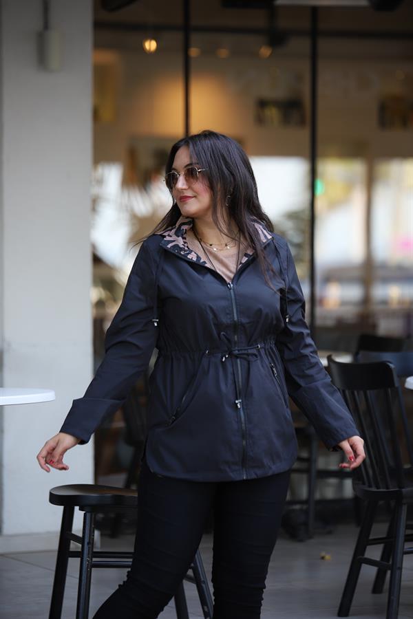 Çift Taraflı Zebra Desenli Belden Büzgülü Trenç Siyah Renk