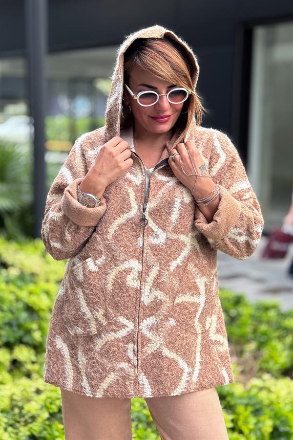 Çizgi Detaylı Keçe Kaban Camel Renk