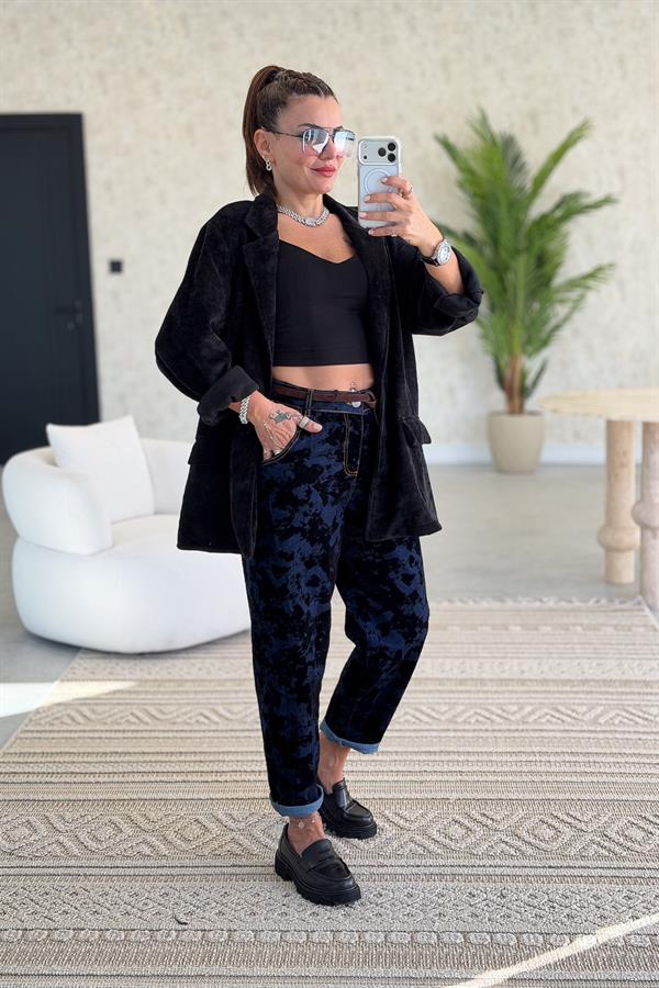 Dalmaçya Baskılı Kot Pantolon Koyu Mavi Renk