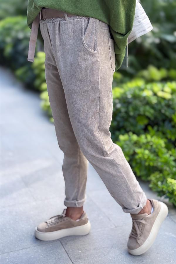 Dar Paça Dikiş Detaylı Fitilsiz Kemerli Kadife Pantolon Bej Renk