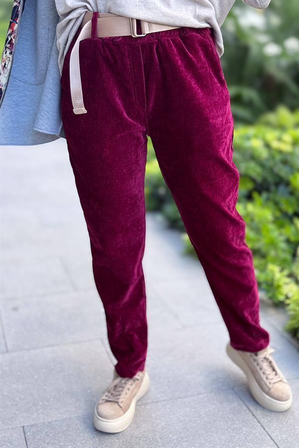 Dar Paça Dikiş Detaylı Fitilsiz Kemerli Kadife Pantolon Bordo Renk