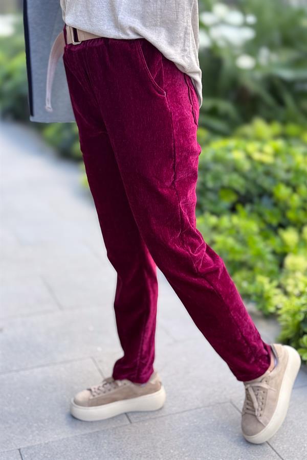 Dar Paça Dikiş Detaylı Fitilsiz Kemerli Kadife Pantolon Bordo Renk