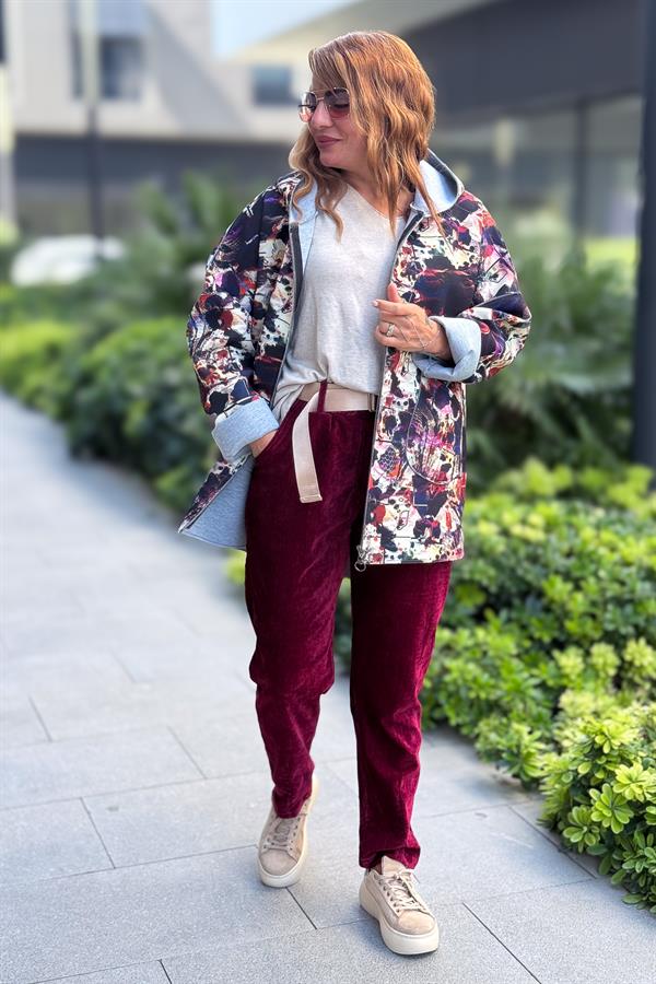 Dar Paça Dikiş Detaylı Fitilsiz Kemerli Kadife Pantolon Bordo Renk