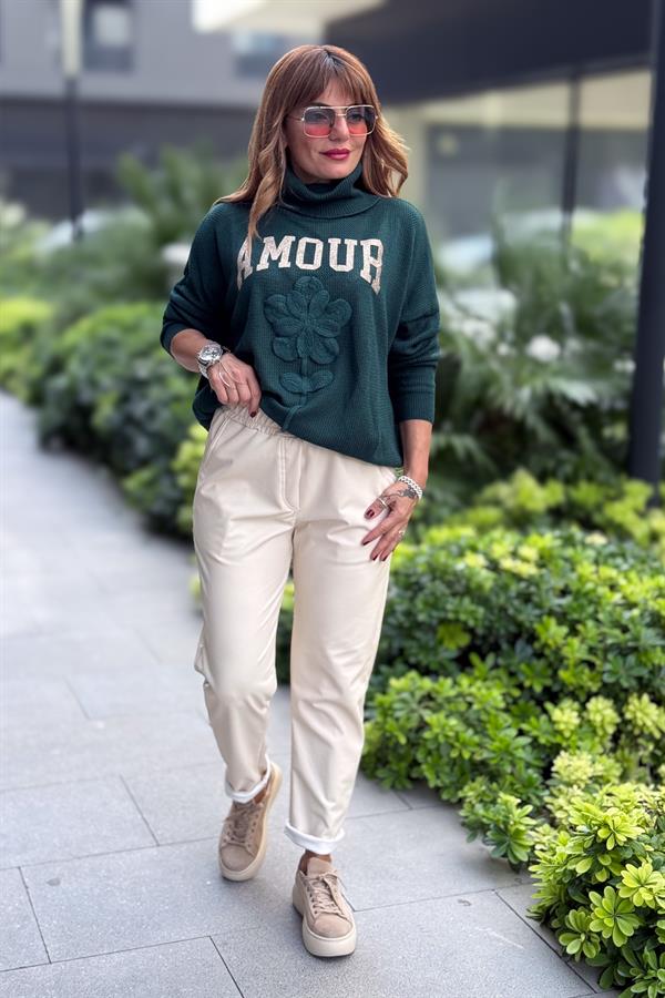 Deri Görünümlü Likralı Pantolon Krem Renk