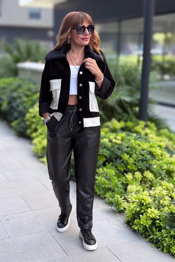 Deri Görünümlü Likralı Pantolon Siyah Renk