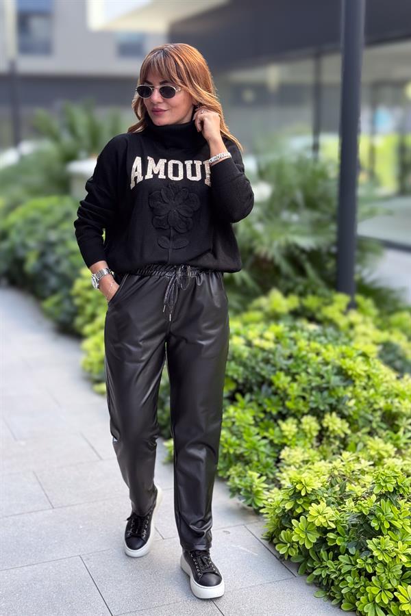 Deri Görünümlü Likralı Pantolon Siyah Renk