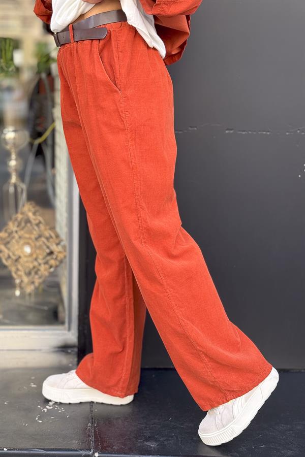 Deri Kemerli Bol Paça İnce Fitilli Kadife Pantolon Kiremit Renk