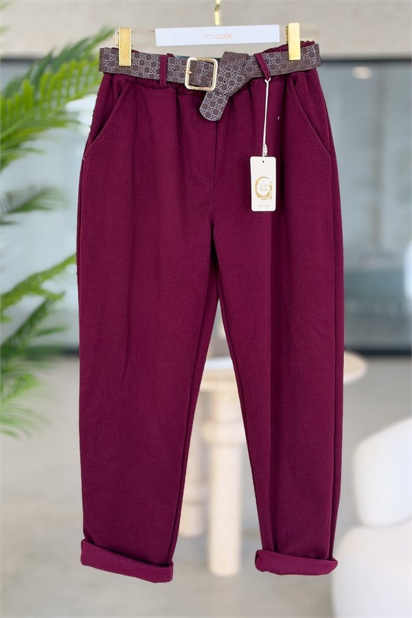 Deri Kemerli Havuç Paça Likralı Kaşe Pantolon Bordo RenkPANTOLON