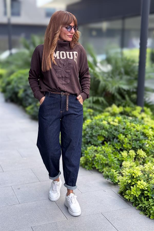 Deri Zımba Kemerli Kot Pantolon Mavi Renk