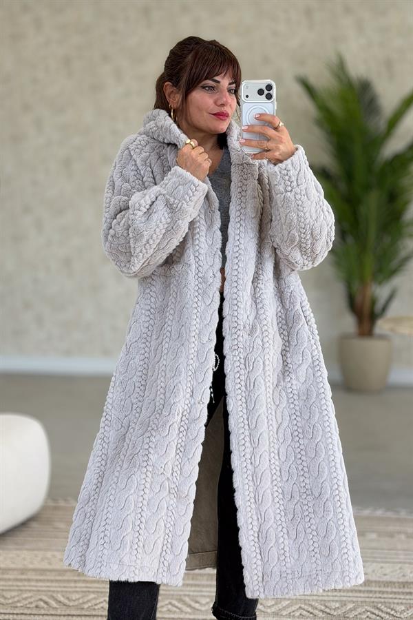 Desenli Uzun Boy Kapüşonlu Angora Kaban Taş Renk