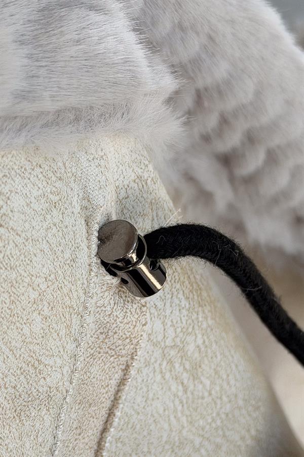 Desenli Uzun Boy Kapüşonlu Angora Kaban Taş Renk