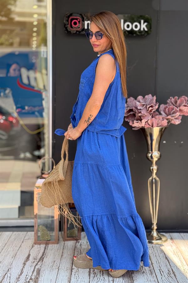 Dikiş Detaylı Kemerli Keten Etek Saks Renk