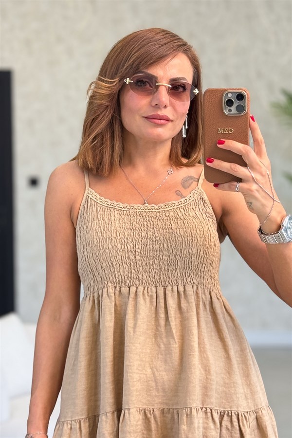 Drapeli Askılı Keten Elbise Camel Renk