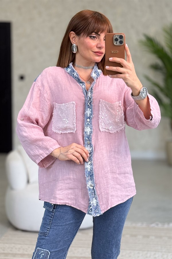 Düğme Yerleri Ve Sırtı Pullu Kot Yamalı Hakim Yaka Gömlek Pudra Renk