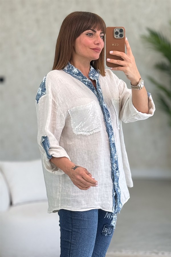 Düğme Yerleri Ve Sırtı Pullu Kot Yamalı Hakim Yaka Gömlek Bej Renk