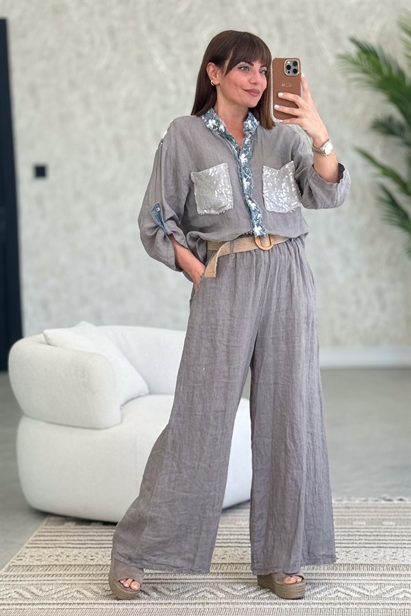 Düğme Yerleri Ve Sırtı Pullu Kot Yamalı Hakim Yaka Gömlek Vizon Renk