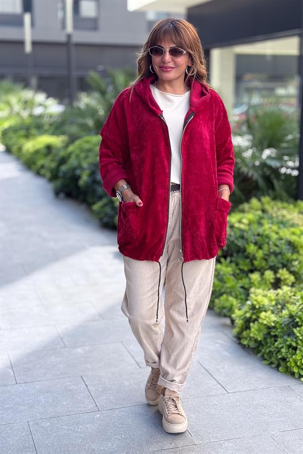 Düz Basic Kadife Ceket Bordo Renk