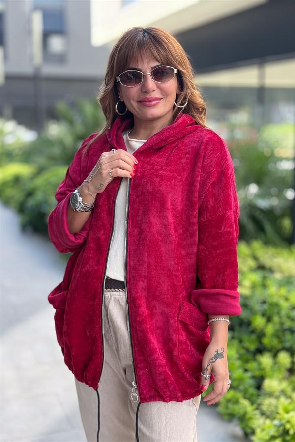 Düz Basic Kadife Ceket Bordo Renk