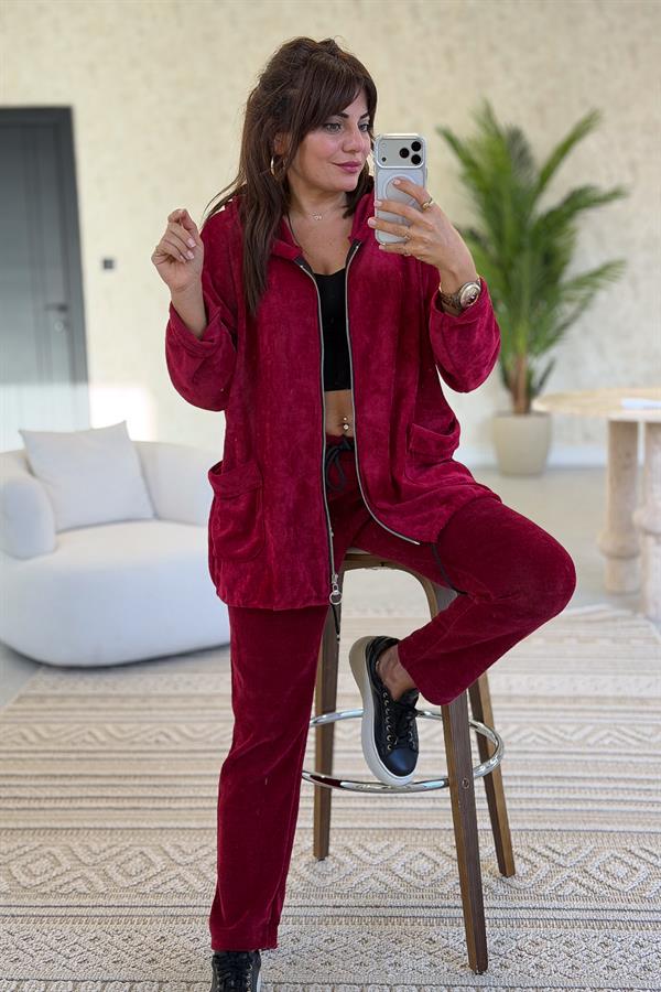 Düz Basic Kadife Ceket Bordo Renk