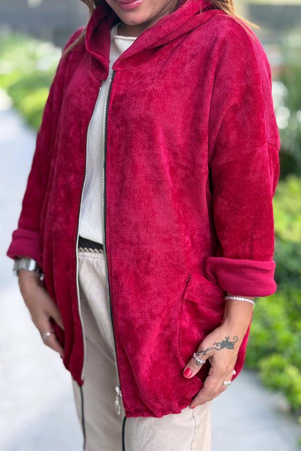 Düz Basic Kadife Ceket Bordo Renk