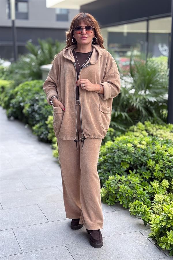 Düz Basic Kadife Ceket Camel Renk