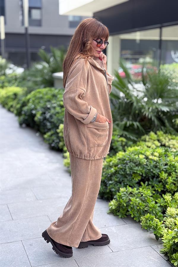 Düz Basic Kadife Ceket Camel Renk