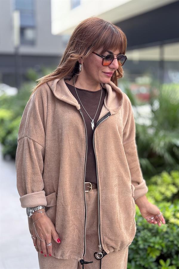 Düz Basic Kadife Ceket Camel Renk