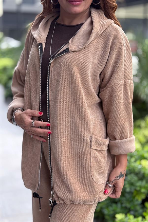 Düz Basic Kadife Ceket Camel Renk