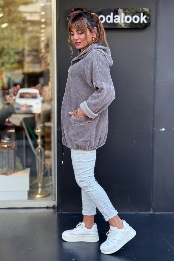 Düz Basic Kadife Ceket Füme Renk