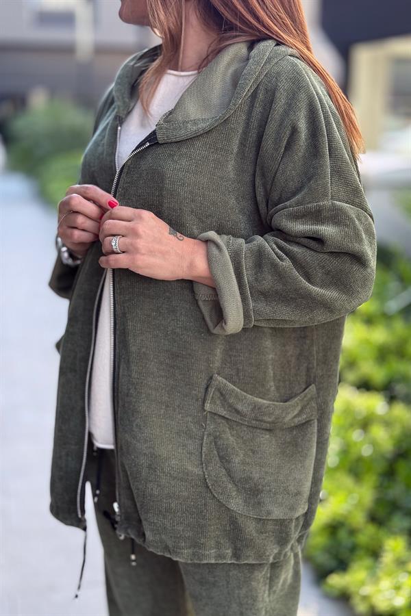 Düz Basic Kadife Ceket Haki Renk