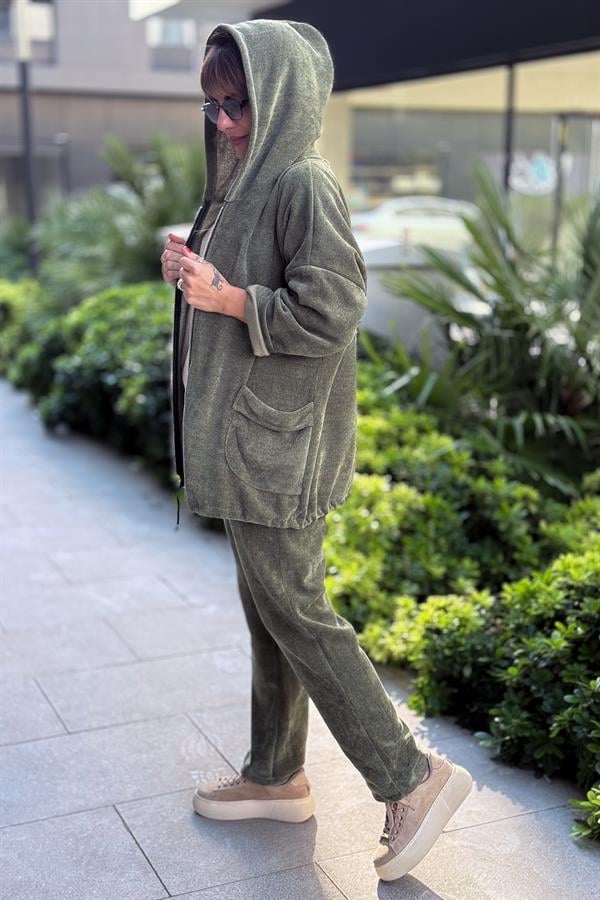 Düz Basic Kadife Ceket Haki Renk