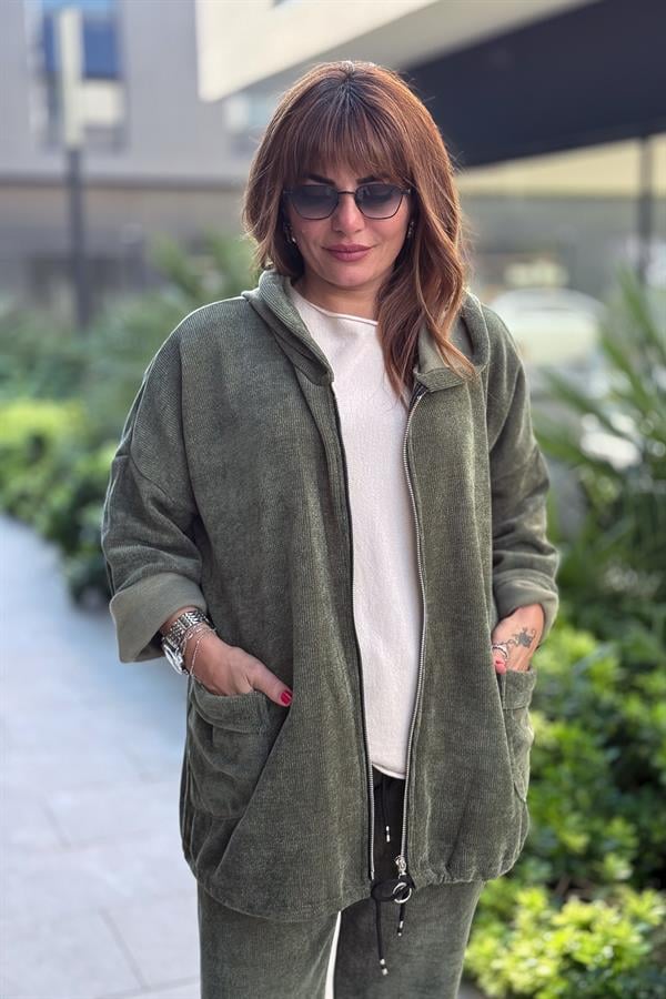 Düz Basic Kadife Ceket Haki Renk